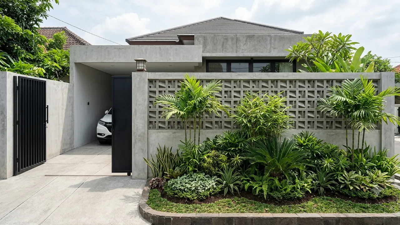 Pagar Roster Beton Ekspos untuk Rumah Minimalis. Gemini