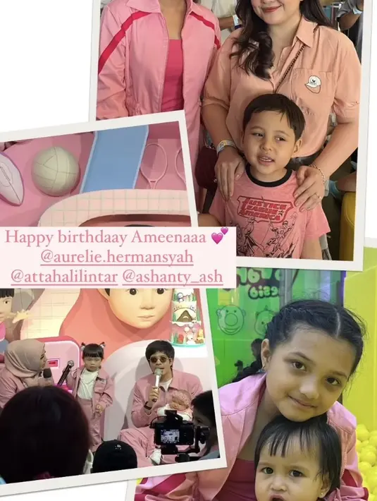 Tasya Kamila membawa dua anaknya ke pesta ulang tahun Ameena. Ia mengenakan kemeja lengan pendek pink.[@tasyakamila]