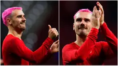 Foto kolase pemain Atletico Madrid Antoine Griezmann usai melawan Barcelona pada pertandingan sepak bola La Liga Spanyol di Stadion Civitas Metropolitano, Madrid, Spanyol, 8 Januari 2023. Antoine Griezmann tampil dengan gaya rambut baru berwarna pink bersama Atletico Madrid. (AP Photo/Manu Fernandez)