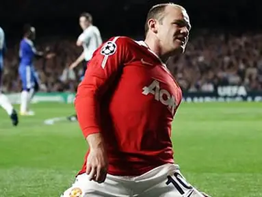 Selebrasi striker Manchester United Wayne Rooney seusai mencetak gol ke gawang Chelsea pada leg pertama perempat final Liga Champions di Stamford Bridge, 6 April 2011. AFP PHOTO/ADRIAN DENNIS
