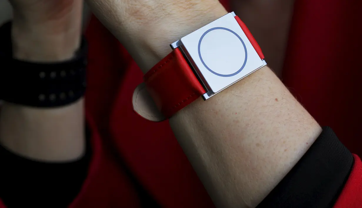 Rosalind Picard saat menunjukkan jam tangan buatannya di Cambridge,Inggris (11/11). Pertolongan medis yang dilakukan jam tangan ini yaitu mengukur kestabilan emosi, serangan epilepsi , aktivitas tubuh dan waktu tidur yang cukup. (REUTERS/Brian Snyder)