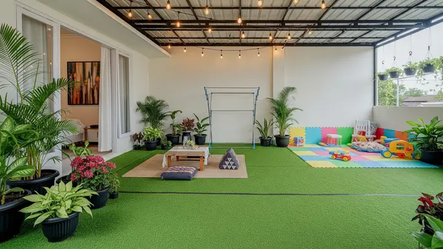 Teras dengan Lantai Rumput Sintetis