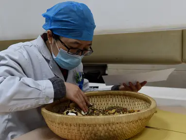 Apoteker meracik obat tradisional China di Rumah Sakit Afiliasi Pertama Universitas Kedokteran China di Hefei, 24 Februari 2020. RS itu bertanggung jawab meracik, merebus dan mengirim obat tradisional China ke tujuh rumah sakit yang ditunjuk untuk merawat pasien COVID-19 di Hefei. (Xinhua/Zhou Mu)