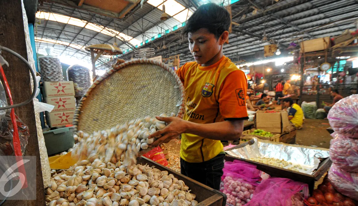 Seorang pedagan bawang putih di Pasar Induk Kramat Jati sedang merapihkan dagangannya, Jakarta, Jumat (19/6/2015). Memasuki bulan Ramadan sejumlah harga sayur mengalami kenaikan harga. (Liputan6.com/Yoppy Renato)