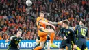 Meski tampil menekan sejak awal laga, Belanda baru bisa merobek jala Skotlandia pada menit ke-40 melalui aksi Tijjani Reijnders. (AP Photo/Peter Dejong)