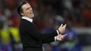 Reaksi kecewa pelatih kepala Timnas Turki, Vincenzo Montella saat menghadapi Timnas Belanda pada laga perempatfinal Euro 2024 di Olympiastadion, Berlin, Jerman, Sabtu (6/7/2024). (AP Photo/Antonio Calanni)