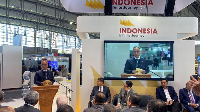 Menteri Perindustrian Agus Gumiwang Kartasasmita dalam sambutannya saat membuka Paviliun Indonesia pada gelaran Hannover Messe 2024, Senin pagi (22/4/2024) waktu Hannover.