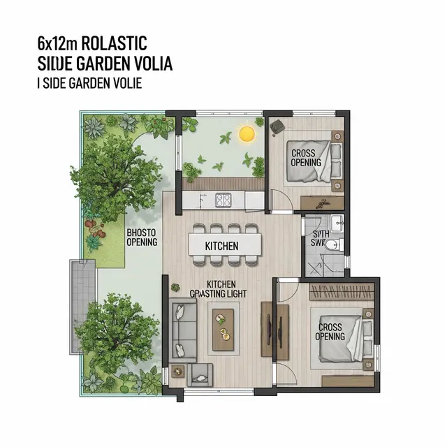Denah Rumah 6x12 dengan Taman Dalam dan Dapur Terbuka
