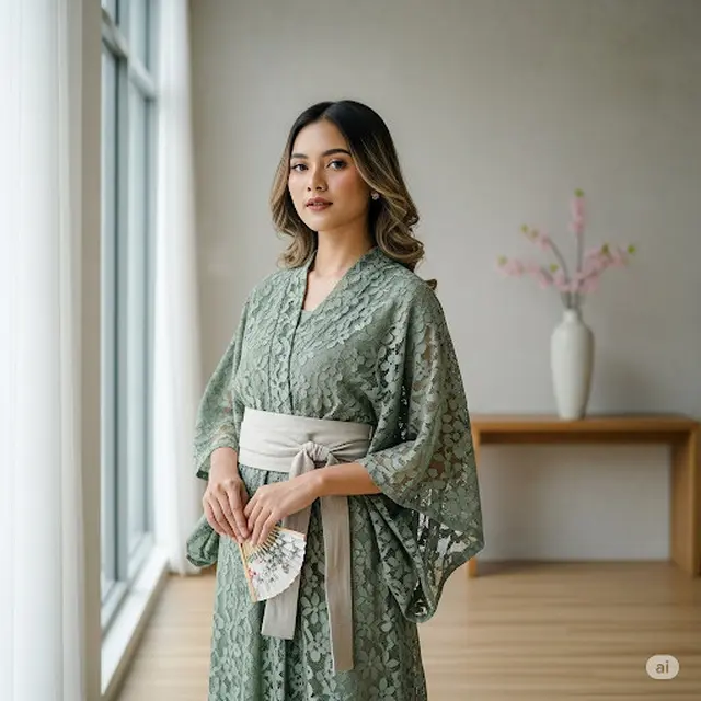 Floral Brokat Dress dengan Cutting Kimono