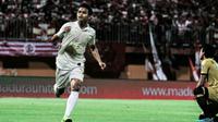 Ekspresi Irkham Zahrul Mila setelah mencetak gol ke gawang Madura United di Stadion Gelora Madura, Pamekasan, Rabu (31/7/2019). (Bola.co/Dok. Media officer PSS Sleman)