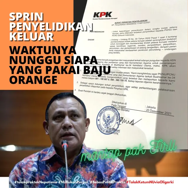 Gambar selebaran berisi surat perintah penyelidikan terkait kegiatan Muktamar ke-34 NU dengan foto Ketua KPK Firli Bahuri