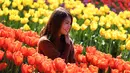 Seorang wanita berpose di antara bunga tulip selama Tesselaar Tulip Festival di Silvan, Dandenong Ranges, Melbourne (27/9). Pengunjung antusias melihat lebih dari satu juta warna-warni bunga, termasuk 900.000 tulip. (AFP Photo/William West)