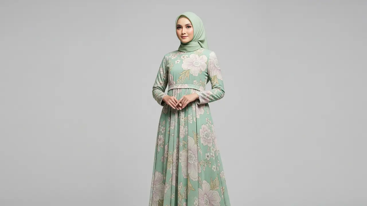 Model Gamis Motif Bunga Pastel Elegan untuk Pengajian