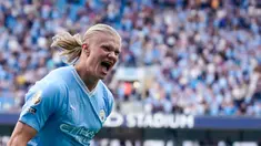 Pemain Manchester City Erling Haaland melakukan selebrasi usai mencetak gol ke gawang Fulham pada pertandingan sepak bola Liga Inggris di Etihad Stadium, Manchester, Inggris, Sabtu (2/9/2023). Manchester City menang 5-1. (AP Photo/Dave Thompson)
