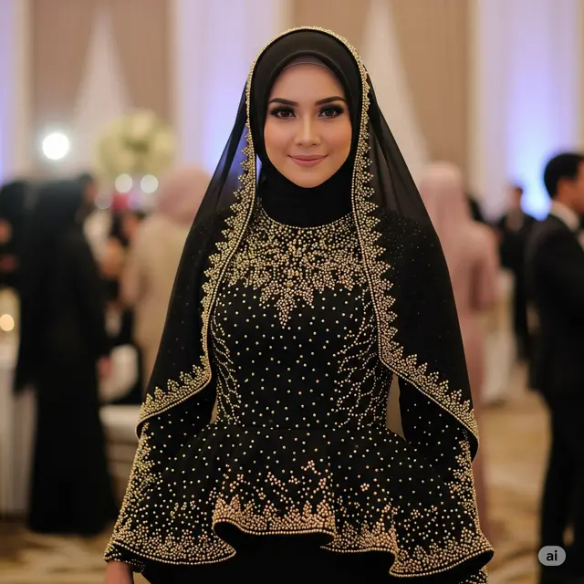 Gamis Peplum Hitam + Manik-manik Emas
