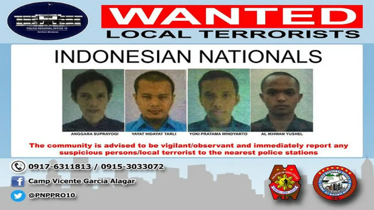 Kepolisian Nasional Filipina, Police Regional Office 10, merilis poster pencarian orang yang memuat foto 4 WNI (Facebook/Camp Vicente Garcia Alagar)