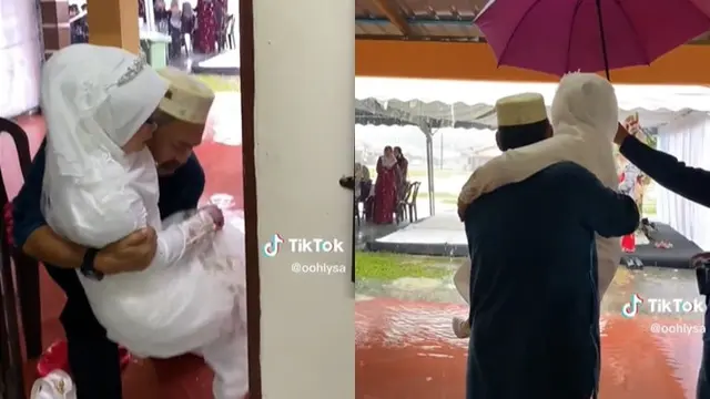 Terjang Hujan dan Banjir, Paman Ini Rela Gendong Pengantin Wanita ke Lokasi Akad Nikah