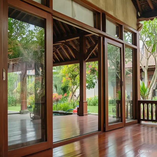 Joglo dengan Pintu Kaca Geser Berbingkai Kayu