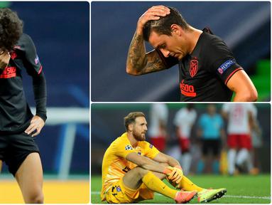 Pemain Atletico Madrid tidak dapat menutupi wajah kecewa mereka usai dikalahkan RB Liepzig dengan skor 1-2 pada perempat final Liga Champions 2019/2020. Berikut ragam ekspresi kecewa pemain Atletico Madrid usai dikalahkan RB leipzig. (kolase foto AFP)