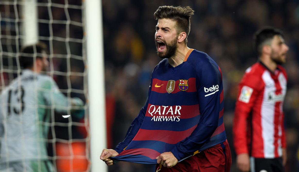 Ekspresi Gerard Pique setelah mencetak gol ketiga Barcelona ke gawang Athletic Bilbao dalam pertandingan leg kedua perempat final Copa del Rey di Stadion Camp Nou, Barcelona, Kamis (28/1/2016) dini hari WIB. (AFP/Lluis Gene)