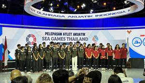 Acara pelepasan skuad akuatik Indonesia untuk berlaga dalam SEA Games 2025 digelar di The Convergence Indonesia, Kuningan, Jakarta Selatan pada Sabtu (6/12/2025). (Liputan6.com/Melinda Indrasari)