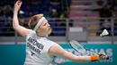 Anders Antonsen saat melawan Anthony Sinisuka Ginting pada pertandingan tunggal putra turnamen bulu tangkis Malaysia Open 2023 di Bukit Jalil Axiata Arena, Kuala Lumpur, Malaysia, Kamis (12/1/2023). Anthony Sinisuka Ginting mengalahkan Anders Antonsen dengan skor 21-14, 17-21, dan 21-17. (AP Photo/Vincent Thian)