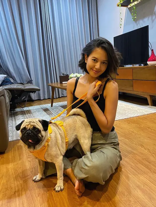 Penampilan rambut baru Aurelie Moeremans saat berpose dengan anjingnya yang mengenakan Yellow harness & leash. (Instagram/aurelie)