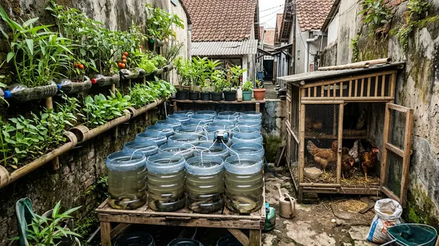 Halaman Belakang Rumah Sempit Bisa Panen Ikan, Telur, dan Sayur Sekaligus. AI Generated