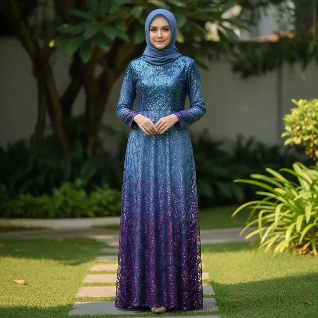 Dress Panjang Muslim Kombinasi Aksen Payet Elegan
