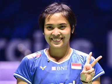 Tunggal putri Indonesia, Gregoria Mariska Tunjung merayakan kemenangan setelah mengalahkan Petra Maixnerova dari Republik Ceko dalam pertandingan Kejuaraan Dunia Bulu Tangkis BWF di Adidas Arena, Paris, pada 25 Agustus 2025. (Bertrand GUAY/AFP)