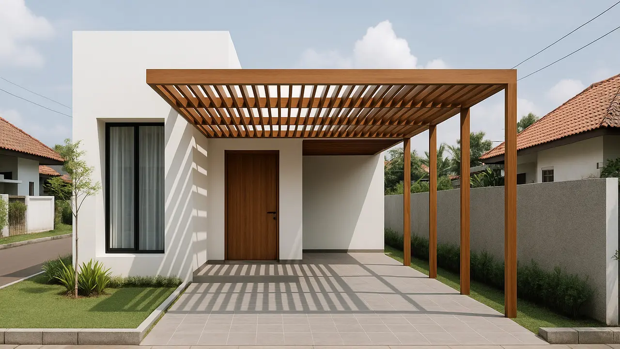 Desain Rumah Minimalis dengan Kanopi Kayu/Ilustrasi gambar oleh AI