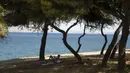 Seorang pria membaca buku sambil berbaring di kursi di bawah pohon pinus di Desa Varkiza, beberapa mil barat daya Athena, Yunani, Kamis (29/7/2021). Gelombang panas membuat orang-orang berbondong-bondong ke pantai, air mancur umum, dan lokasi ber-AC. (AP Photo/Yorgos Karahalis)