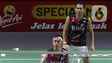Pasangan berjuluk “The Babies” hanya membutuhkan waktu 37 menit untuk mengalahkan Fajar Alfian/Muhammad Rian Ardianto. (Liputan6.com/Herman Zakharia)