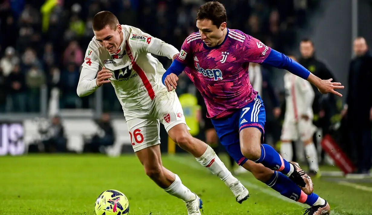 Pemain Monza Valentin Antov (kiri) berebut bola dengan pemain Juventus Federico Chiesa (kanan) pada pertandingan sepak bola babak 16 besar Coppa Italia di Stadion Juventus, Turin, Italia, 19 Januari 2023. Juventus menang 2-1 atas Monza. (Marco Alpozzi/LaPresse via AP)