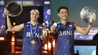 Sebelumnya, Fajar/Rian menjadi juara Malaysia Open 2023, yang merupakan gelar perdana mereka di level Super 1000. (AP Photo/Rui Vieira)