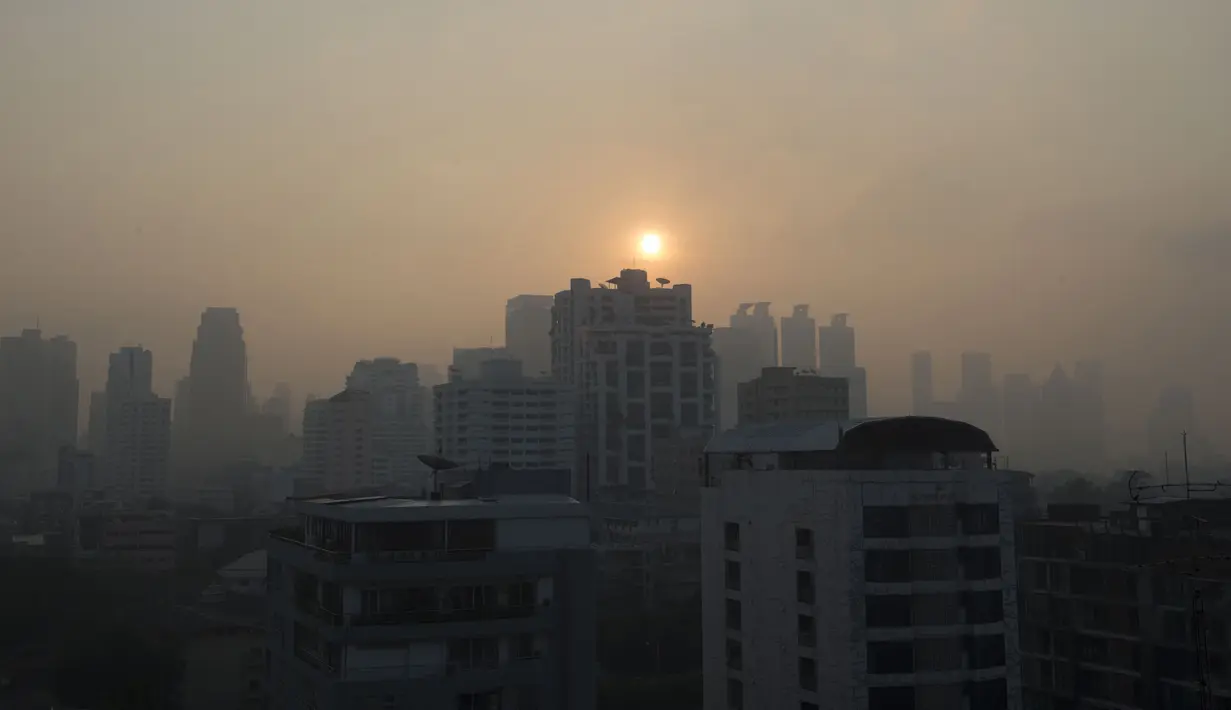 <p>Lapisan kabut asap menyelimuti Bangkok, Thailand (14/1). Thailand telah berupaya untuk mengatasi polusi yang telah menyelimuti ibukota dalam beberapa pekan terakhir. (AFP Photo/Romeo Gacad)</p>