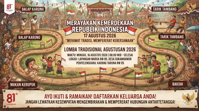 Desain spanduk 17 Agustus 2026 yang kreatif dan belum pernah dibuat model permainan tradisional