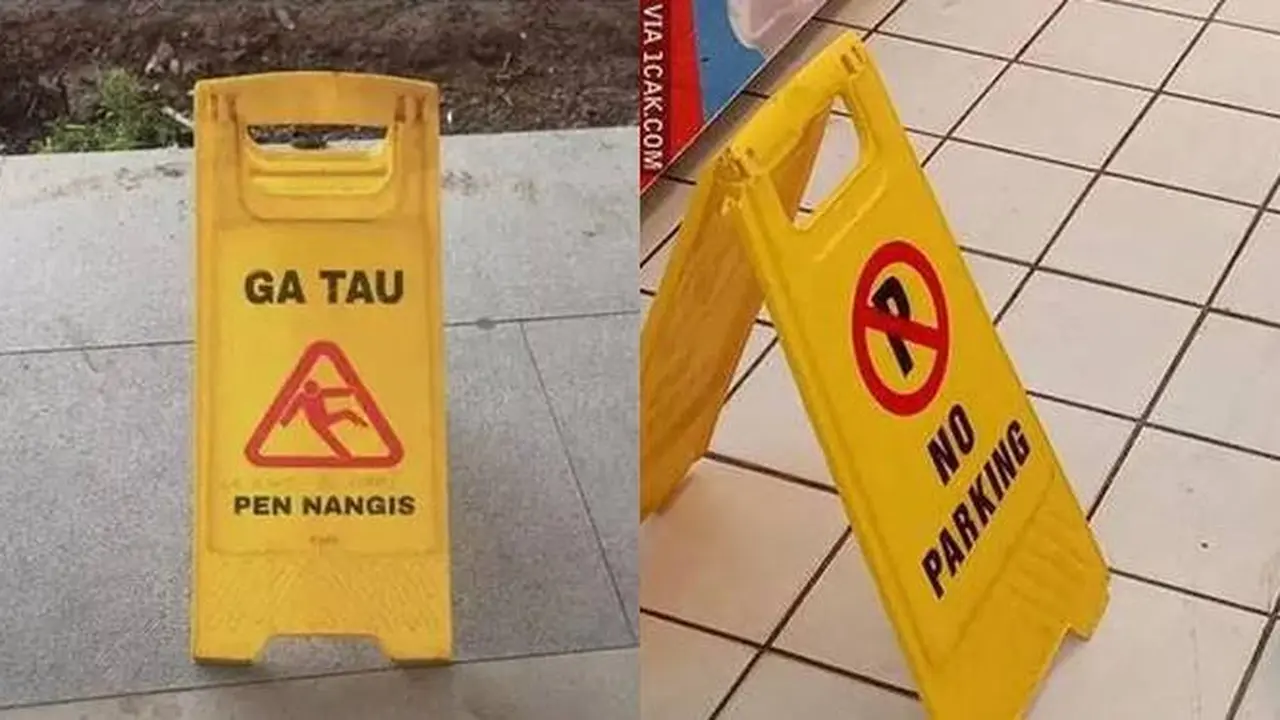 10 Potret Kocak Penanda Lantai Licin Ini Bikin Tepuk Jidat