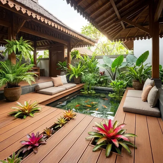 Ide Teras Adem Kombinasi Tanaman Hias dan Kolam Mini