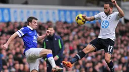 Gelandang Tottenham Hotspur Andros Townsend duel dengan Pemain Everton Seamas Coleman saat pertandingan sepak bola Liga Utama Inggris antara Tottenham Hotspur dan Everton di White Hart Lane di London, 9 Februari 2014. (AFP/Carl Court)