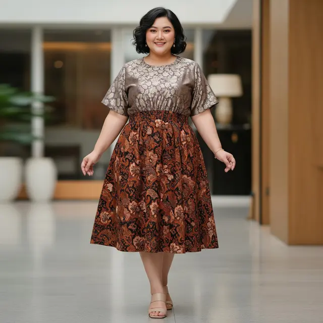 Dress Batik Brokat Lengan Pendek untuk Wanita Gemuk