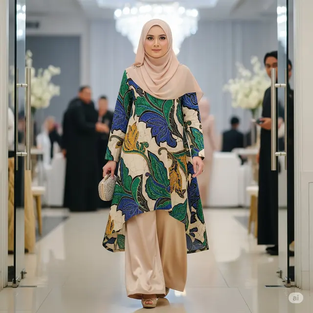 Tunik Batik Panjang + Celana Palazzo Satin