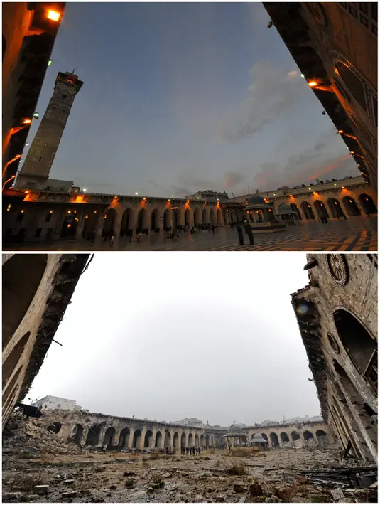 Sebuah gambar kombinasi menunjukkan masjid Umayyah sebelum (6/10/2010) dan sesudah perang (17/12/2016) di Aleppo, Suriah. (REUTERS / Khalil Ashawi (atas) / Omar Sanadiki) 