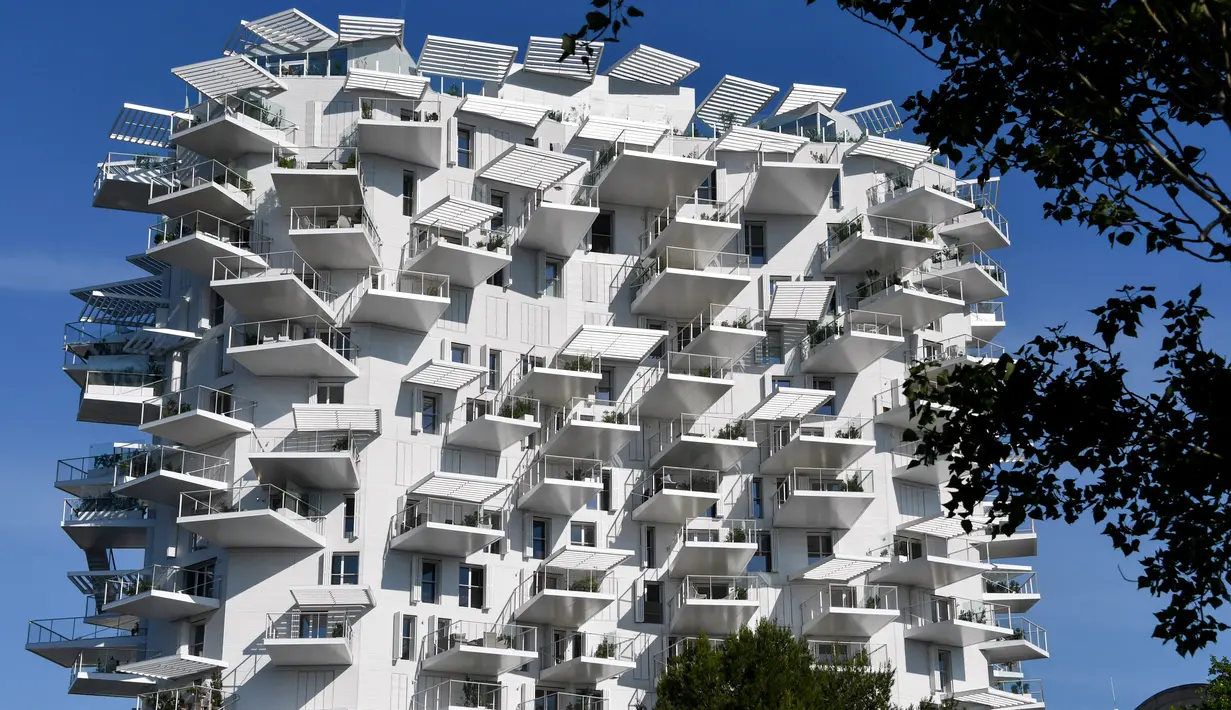 Foto pada 3 Juni 2019 memperlihatkan sebuah bangunan "L'arbre blanc" (White Tree) di Montpellier, Prancis selatan. Menara unik ini akan menjadi bangunan serba guna, mulai dari apartemen, galeri seni, restoran dan penthouse. (Pascal GUYOT/AFP)