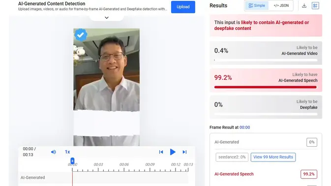 Video dan audio klaim Menkeu Purbaya mengumumkan kuis tebak nama kota menunjukkan hasil AI. (Foto: tangkapan layar Hive Moderation)