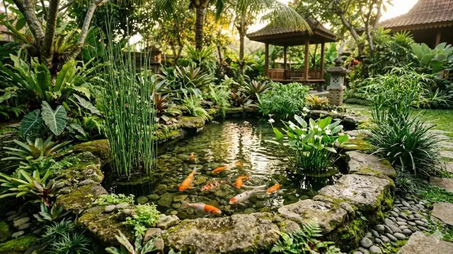 Desain Kolam Ikan Dangkal yang Menggabungkan Ikan dan Tanaman Hias