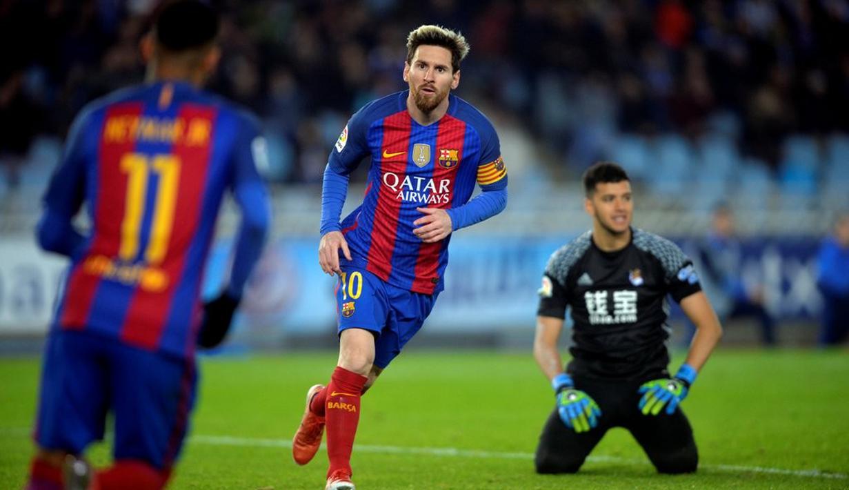 Barcelona harus puas bermain imbang 1-1 kontra Real Sociedad pada pekan ke-13 La Liga Spanyol di Estadio Municipal de Anoeta, Minggu (27/11/2016). Hasil ini membuat Barca belum mampu menyudahi tren buruk di kandang Sociedad. (Reuters/Vincent West)