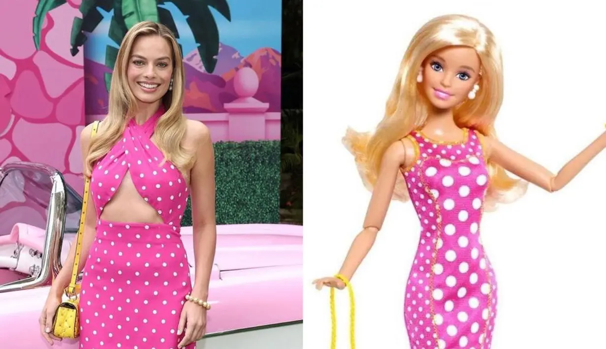 Hadiri photocall di Los Angeles, Margot Robbie kenakan criss-cross halter mini dress motif polkadot rancangan rumah mode Valentino.