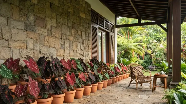 Model Teras dengan Keladi Hias dan Pot Terakota
