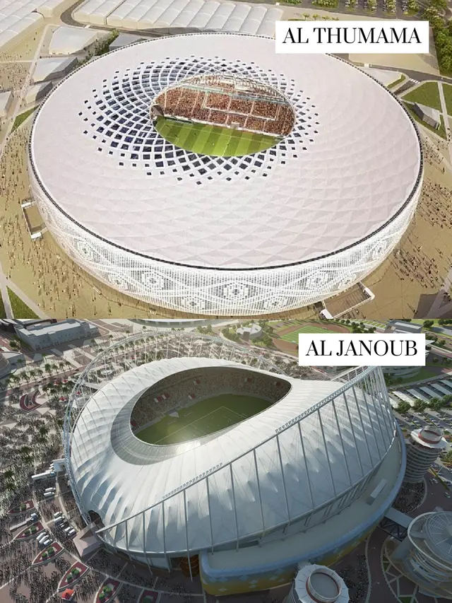 Stadion Al Thumama (Pic: Parametic House) & Stadion Al Janoub (Pic: RRI)